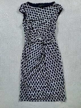 Lauren Ralph Lauren Navy White Geo Print Twist Knot Dress Cap Sleeve Size 10